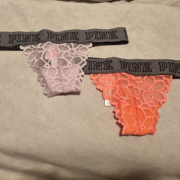 PINK Victoria's Secret Lace Thong Duo in Lavender and Coral - Picture 1 of 2
